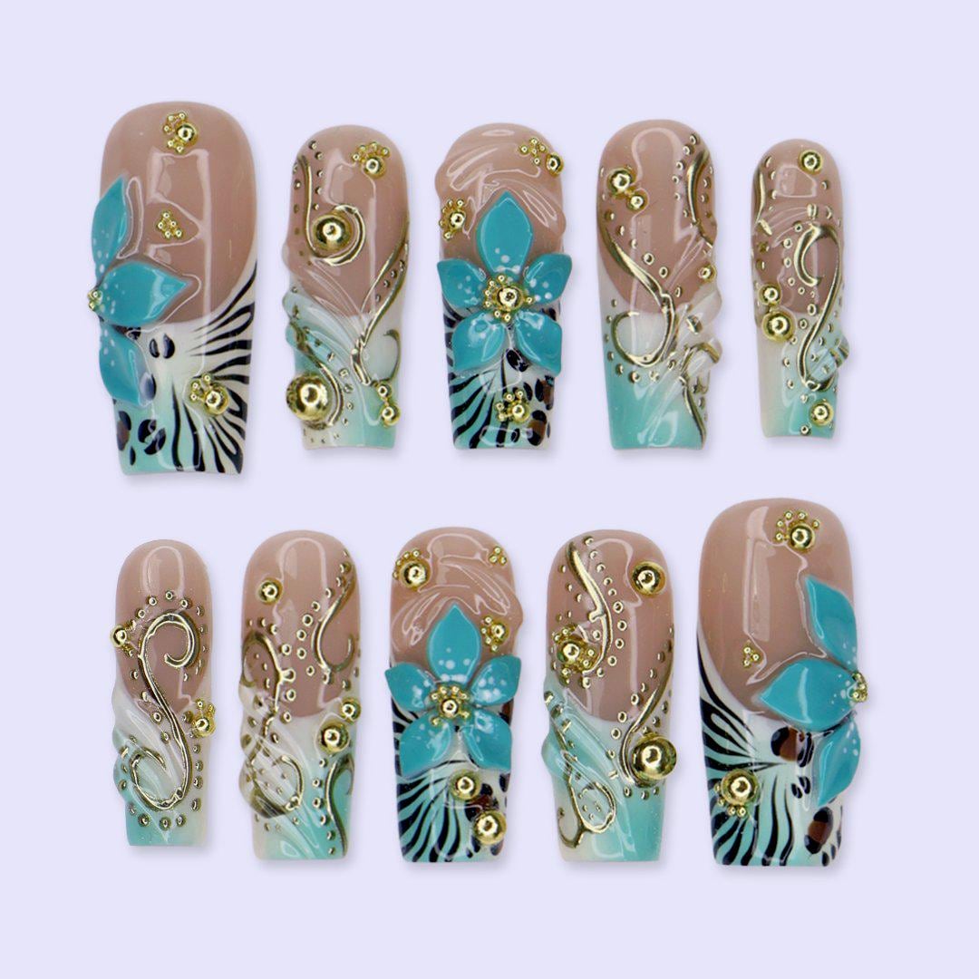 Teal 3D Floral Press On Nails with Gold Swirls for Vacation or Party