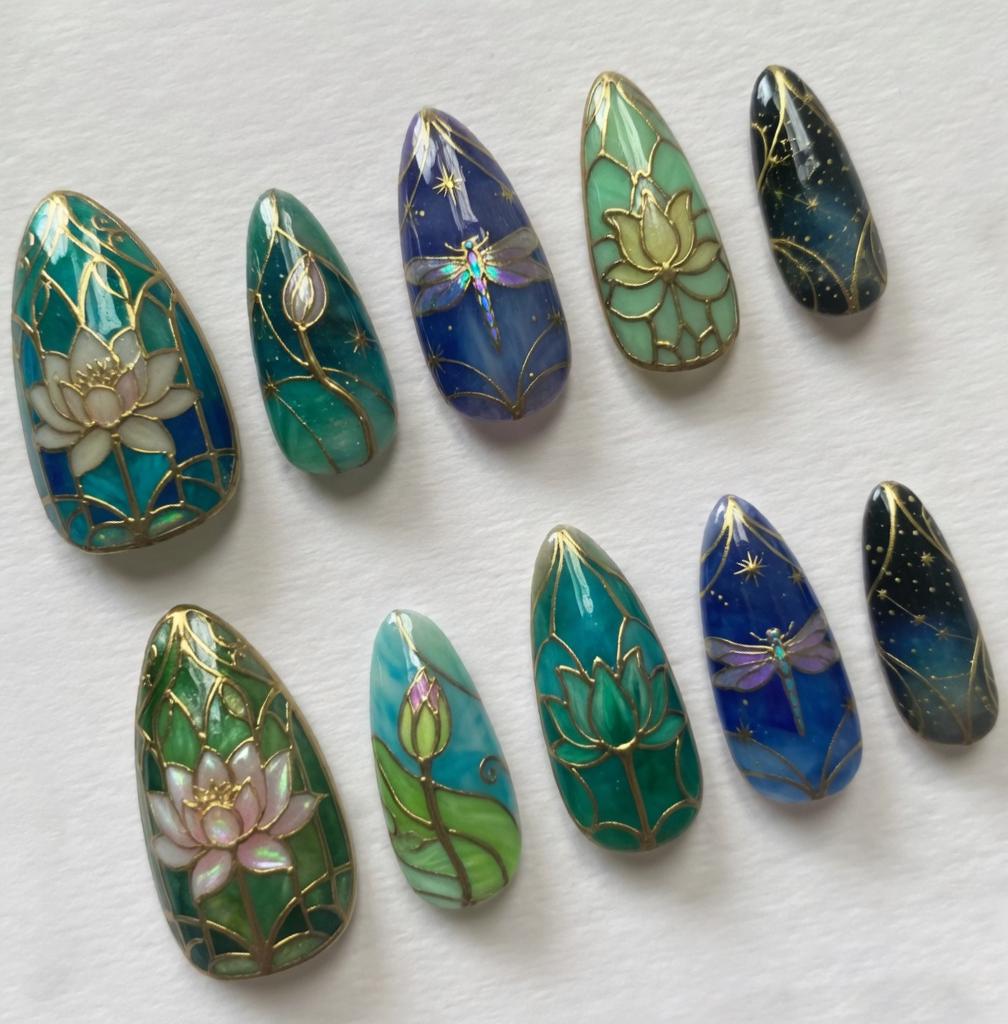 Teal and Blue Stained-Glass Lotus and Dragonfly Nail Set With Gold Line Art