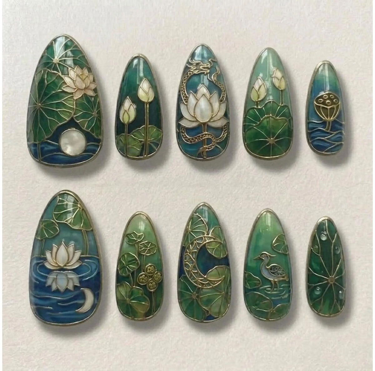 Teal and Emerald Cloisonné Lotus Pond Press-On Nail Set