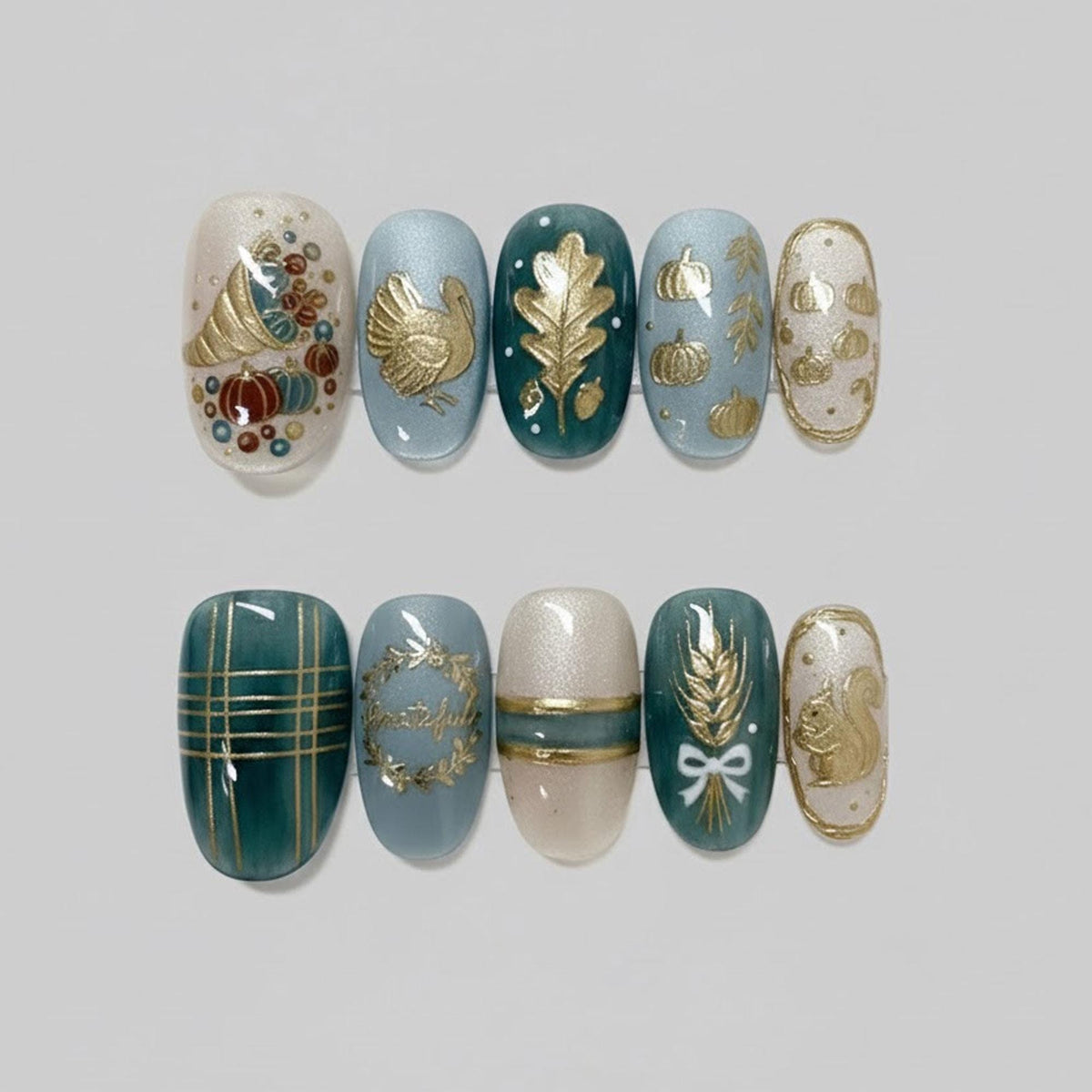 Teal and Gold Thanksgiving Nails with Turkey, Pumpkin, Wheat, and Plaid Details