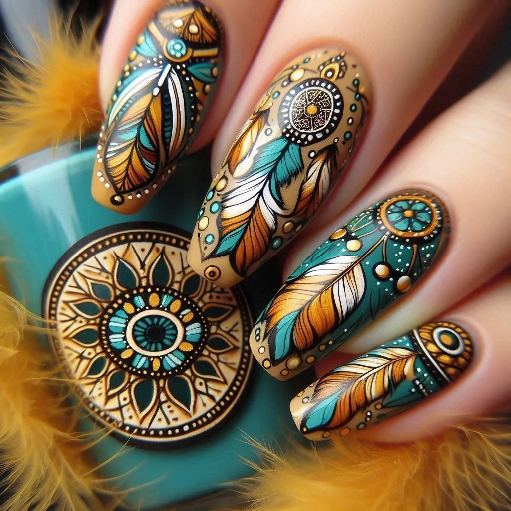 Teal and Orange Boho Feather Press On Nails with Gold Mandala Details