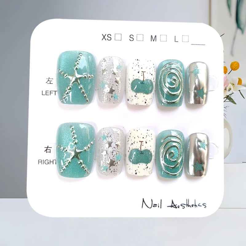 Teal and Silver Starfish Chrome Press-On Nail Set