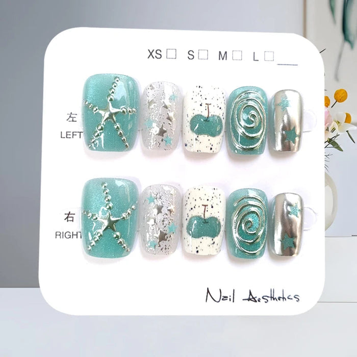 Teal and Silver Starfish Chrome Press-On Nail Set