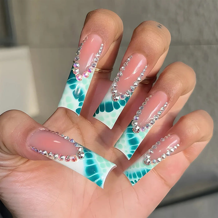 Teal and White Marble French Tip Press On Nails with Iridescent Rhinestones