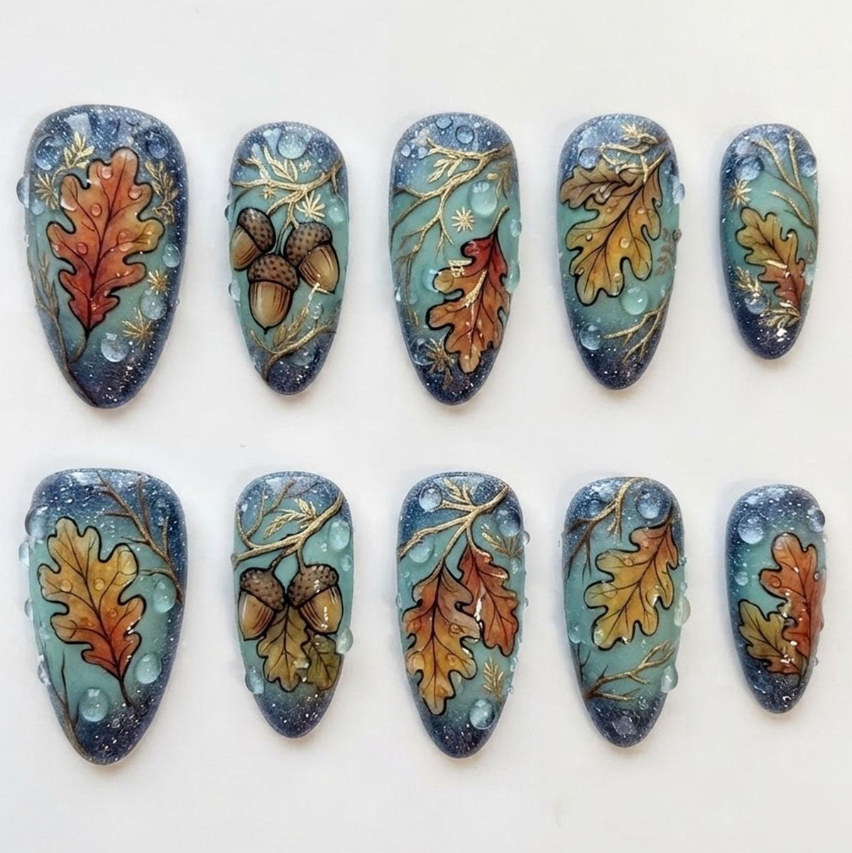 Teal Blue Autumn Oak Leaf and Acorn Press On Nails
