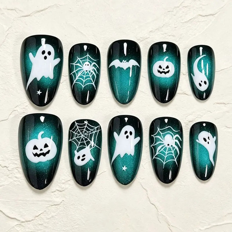 Teal Cat Eye Halloween Press On Nails with Ghosts, Bats and Spiderwebs