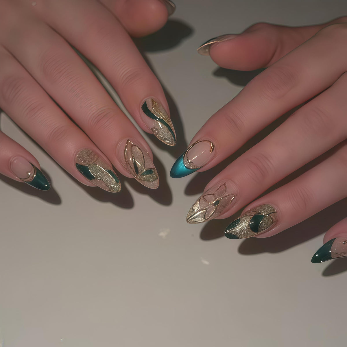 Teal Green and Gold Botanical Press-On Nails with Raised Floral Details