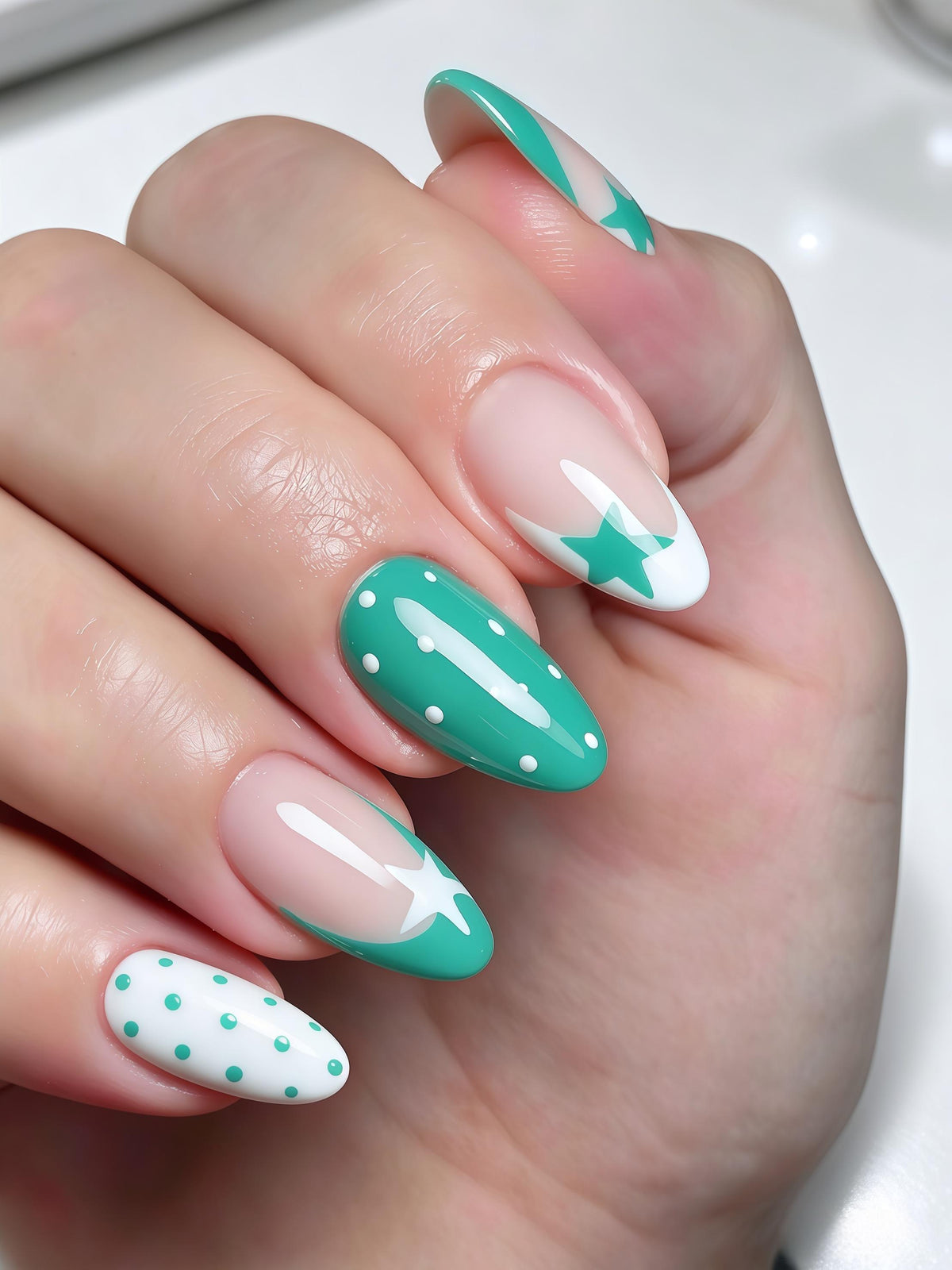 Teal Green and White Star & Polka Dot Nail Set
