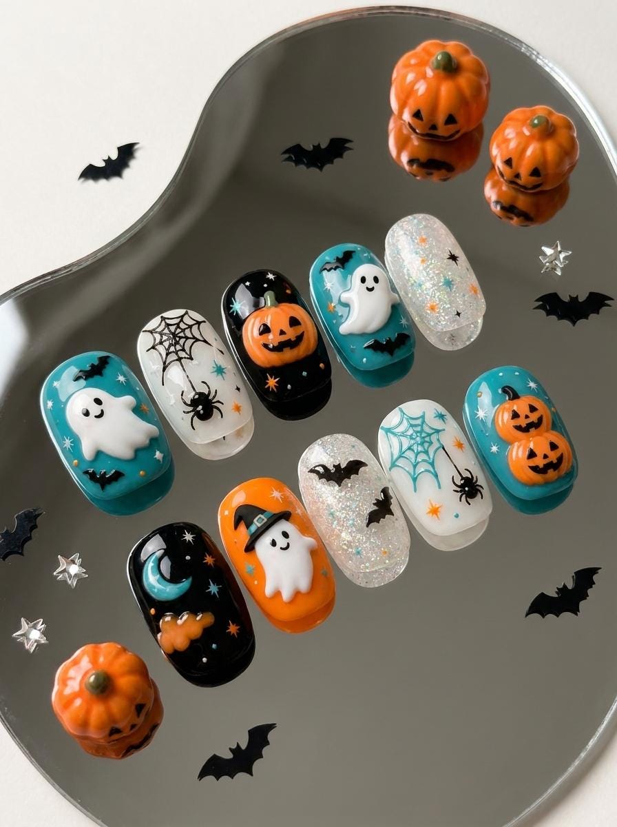 Teal Halloween Press On Nails With Ghosts, Pumpkins, Bats and Spiderwebs