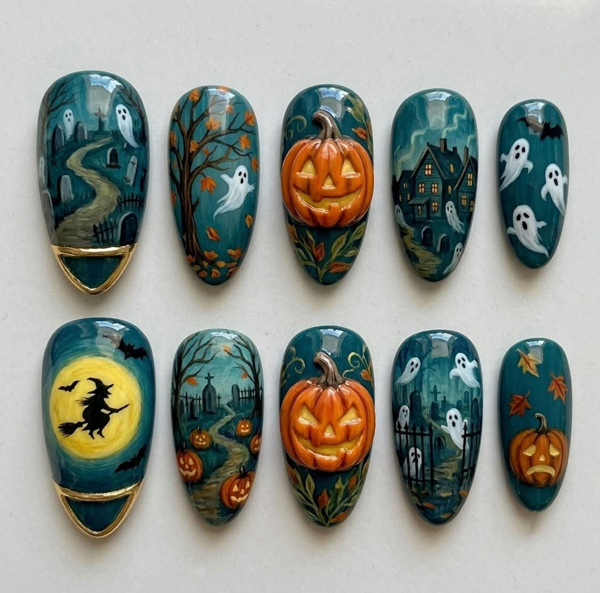 Teal Haunted Village Halloween Nail Set with 3D Pumpkins and Gold Tips