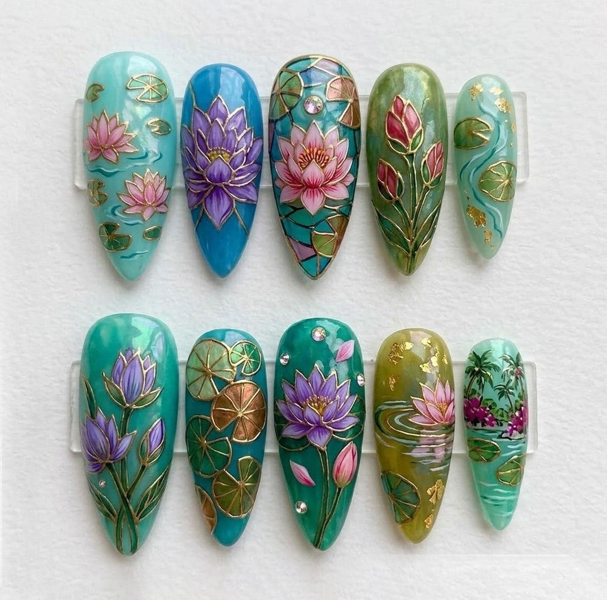 Teal Lotus Flower Press-On Nails with Gold Lily Pads and Water Garden Details