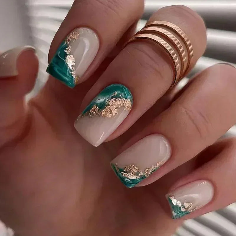 Teal Marble and Gold Foil Abstract Leaf Press On Nails