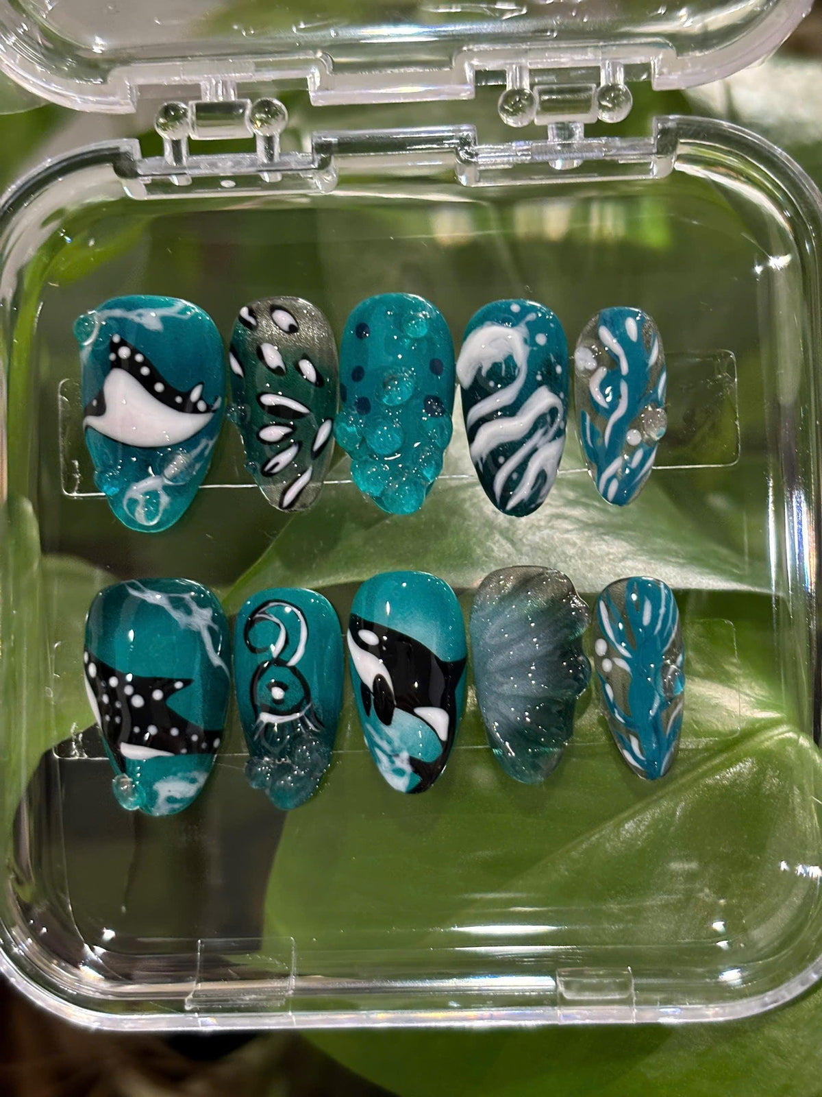 Teal Ocean Press On Nails with Whale and Orca Art, Waves and Raised Details