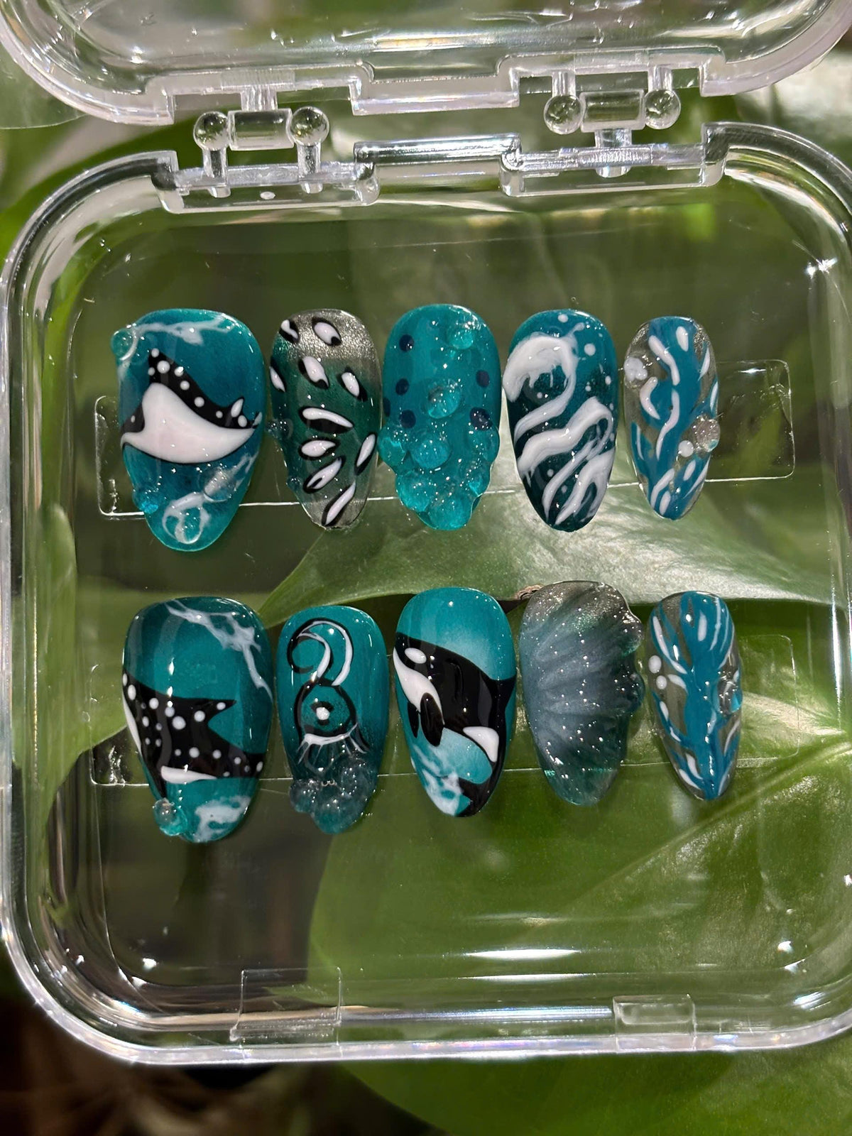 Teal Ocean Press On Nails with Whale and Orca Art, Waves and Raised Details