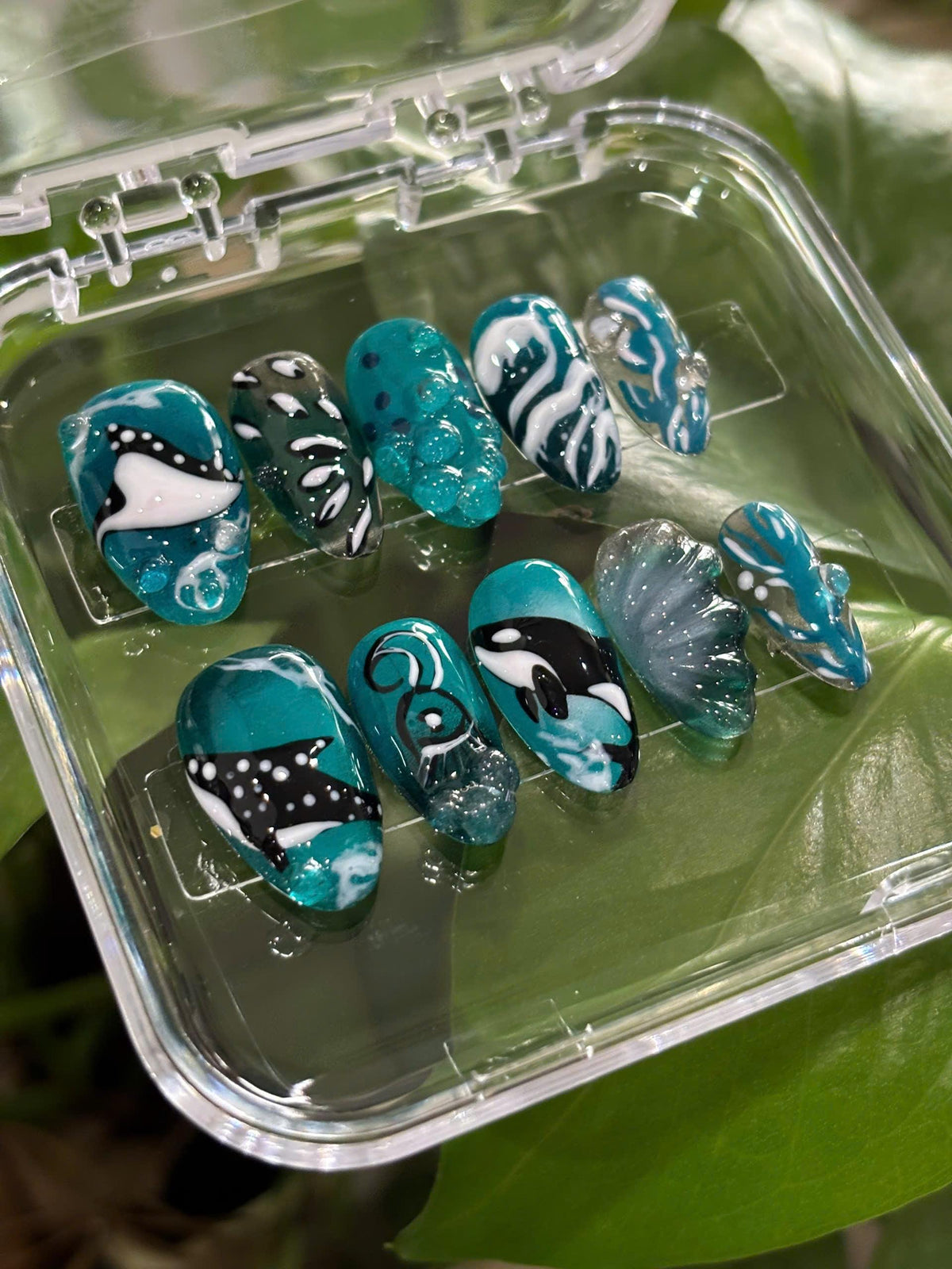 Teal Ocean Press On Nails with Whale and Orca Art, Waves and Raised Details