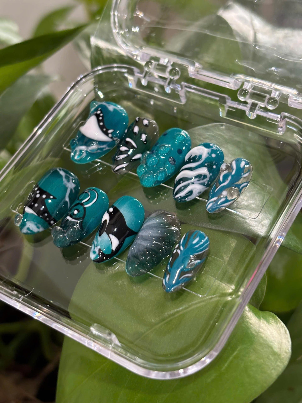 Teal Ocean Press On Nails with Whale and Orca Art, Waves and Raised Details