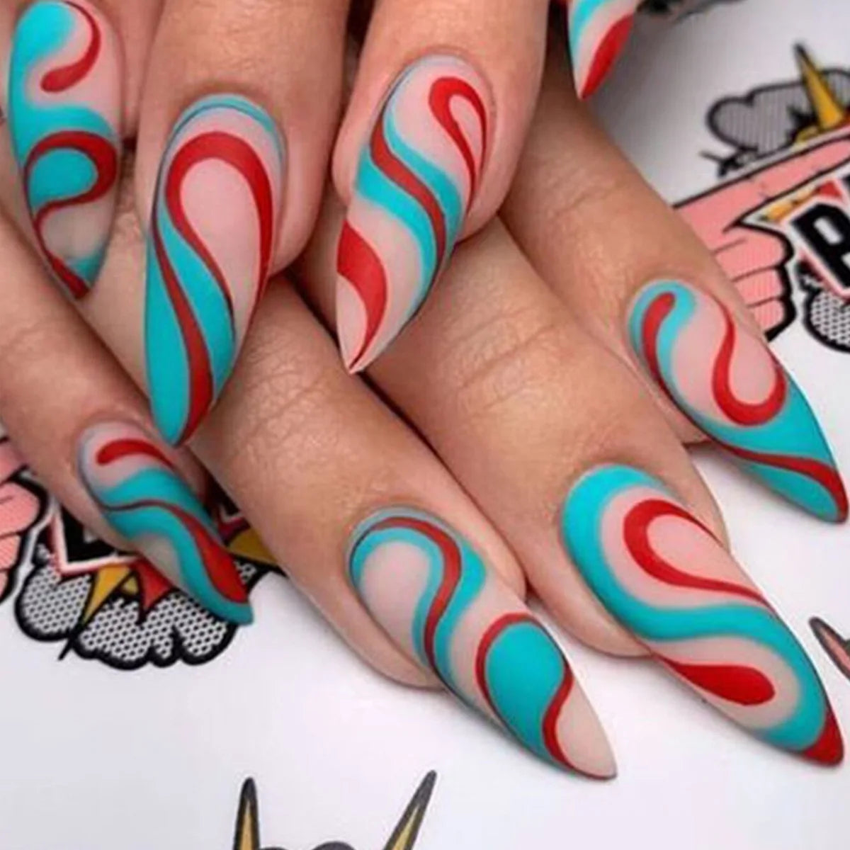 Teal, Red & Nude Abstract Swirl Press On Nails