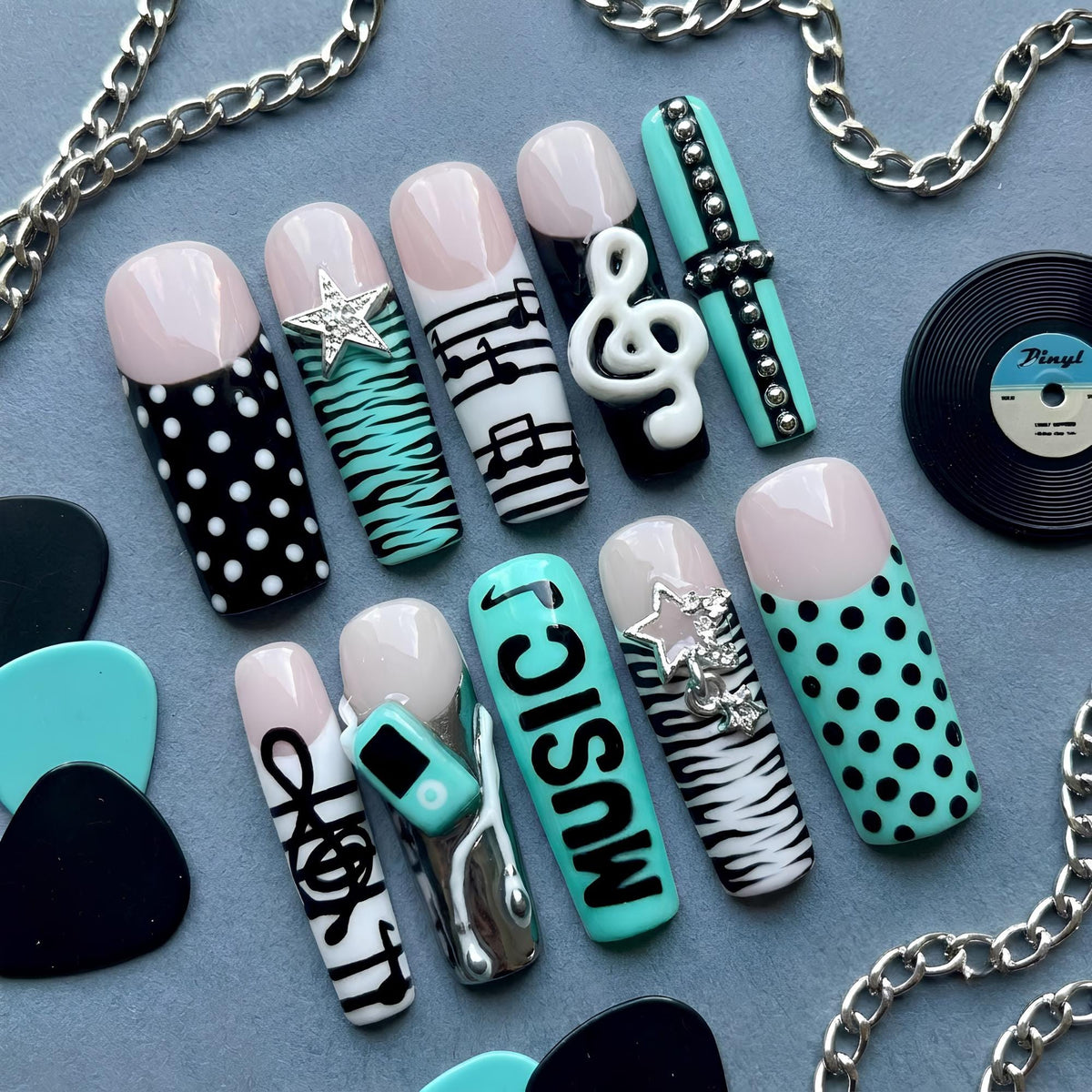 Teal Retro Music Player Press On Nails With Zebra Stripes and 3D Details