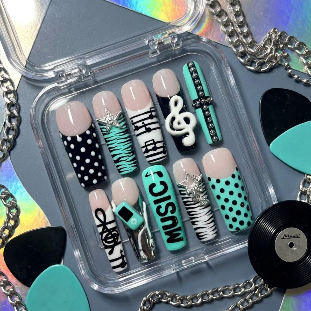 Teal Retro Music Player Press On Nails With Zebra Stripes and 3D Details