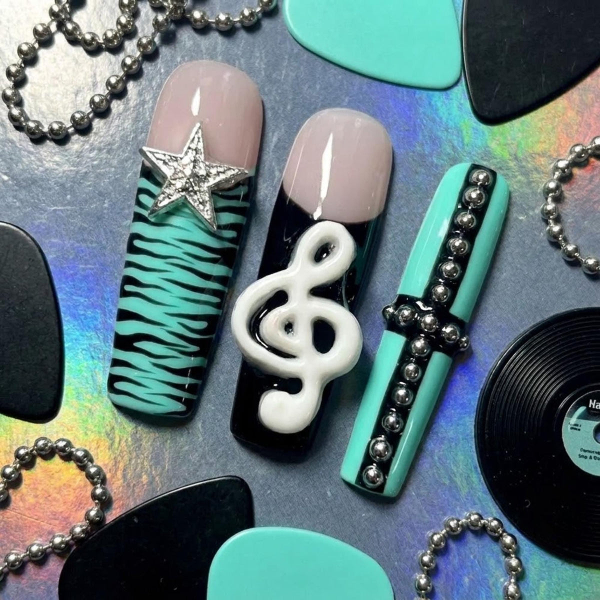 Teal Retro Music Player Press On Nails With Zebra Stripes and 3D Details