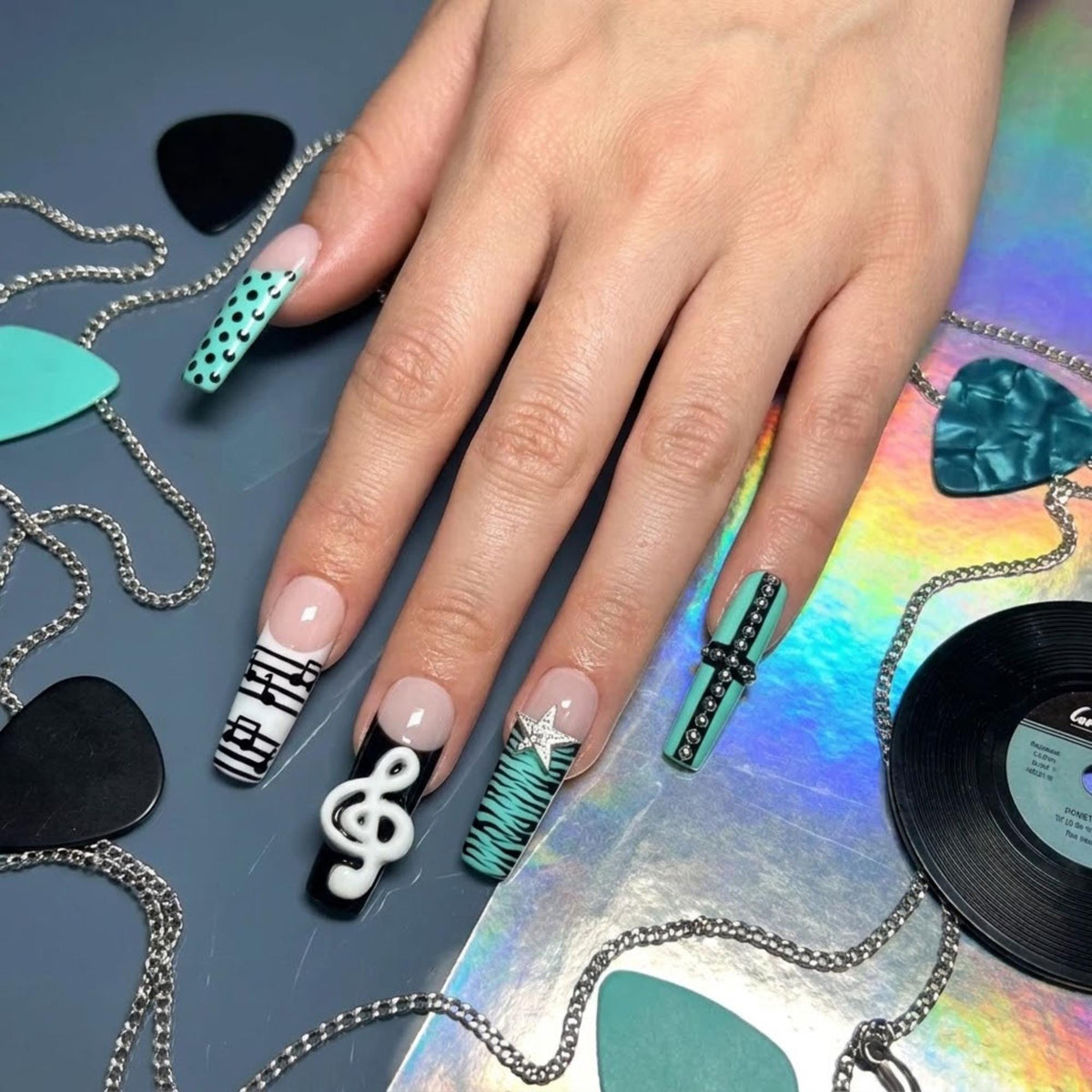Teal Retro Music Player Press On Nails With Zebra Stripes and 3D Details