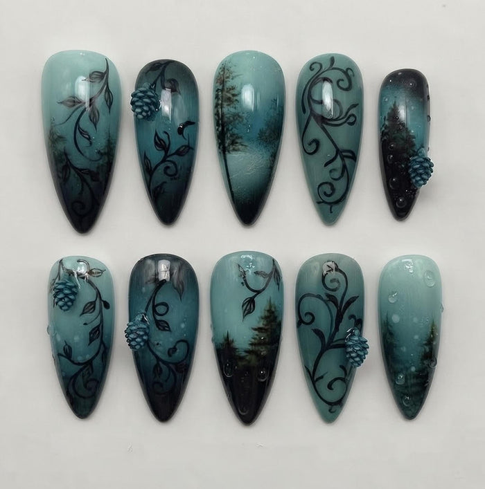 Teal Winter Woodland Ombré Press On Nails With 3D Pinecones and Vines