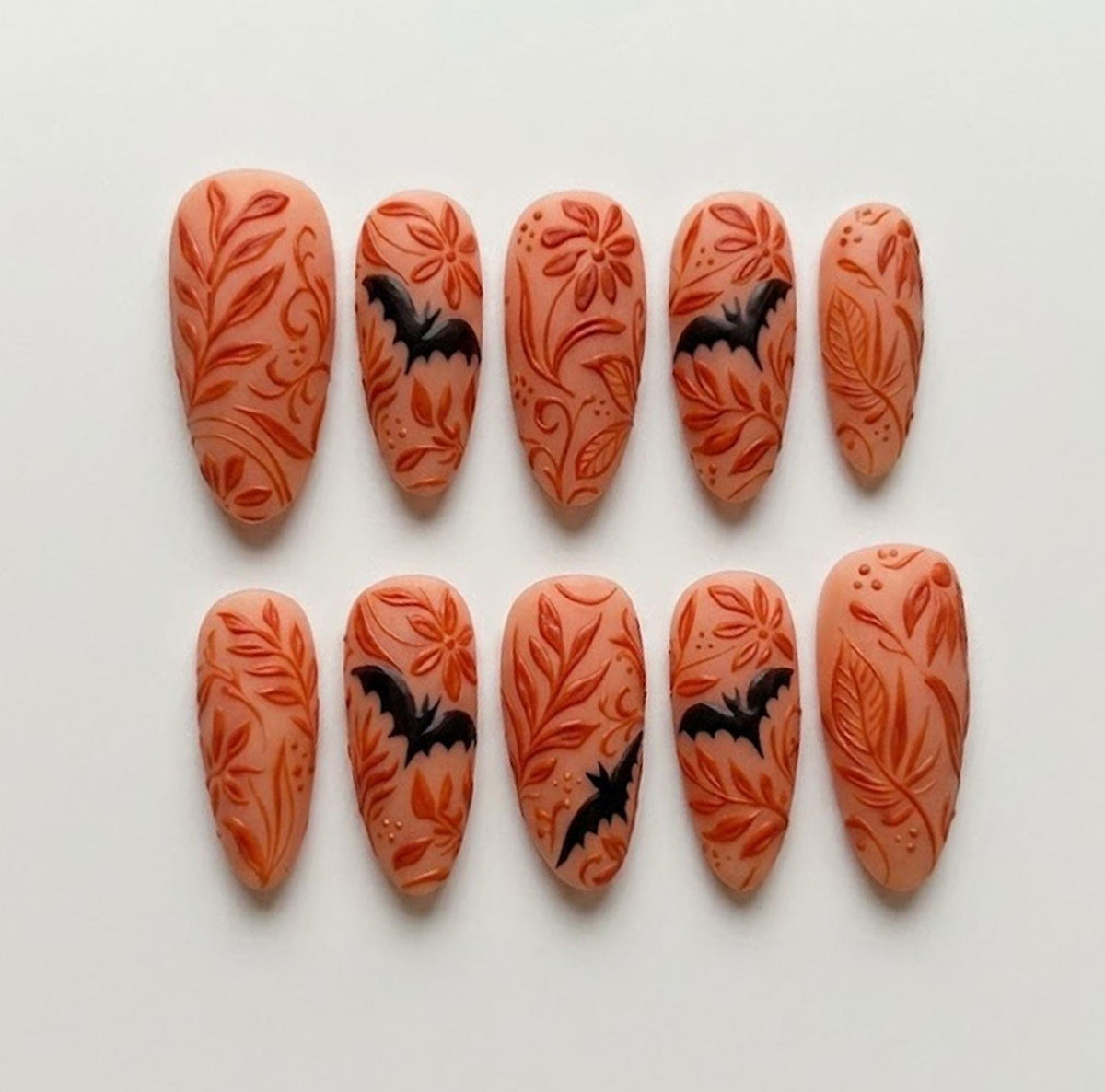 Terracotta 3D Floral Bat Halloween Nail Set