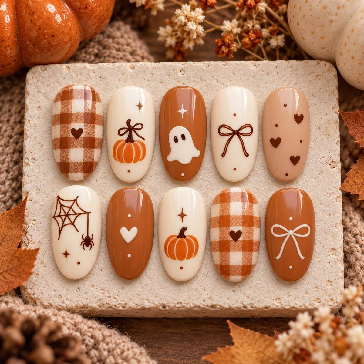Terracotta and Cream Halloween Nails With Ghosts, Pumpkins, Bows and Gingham
