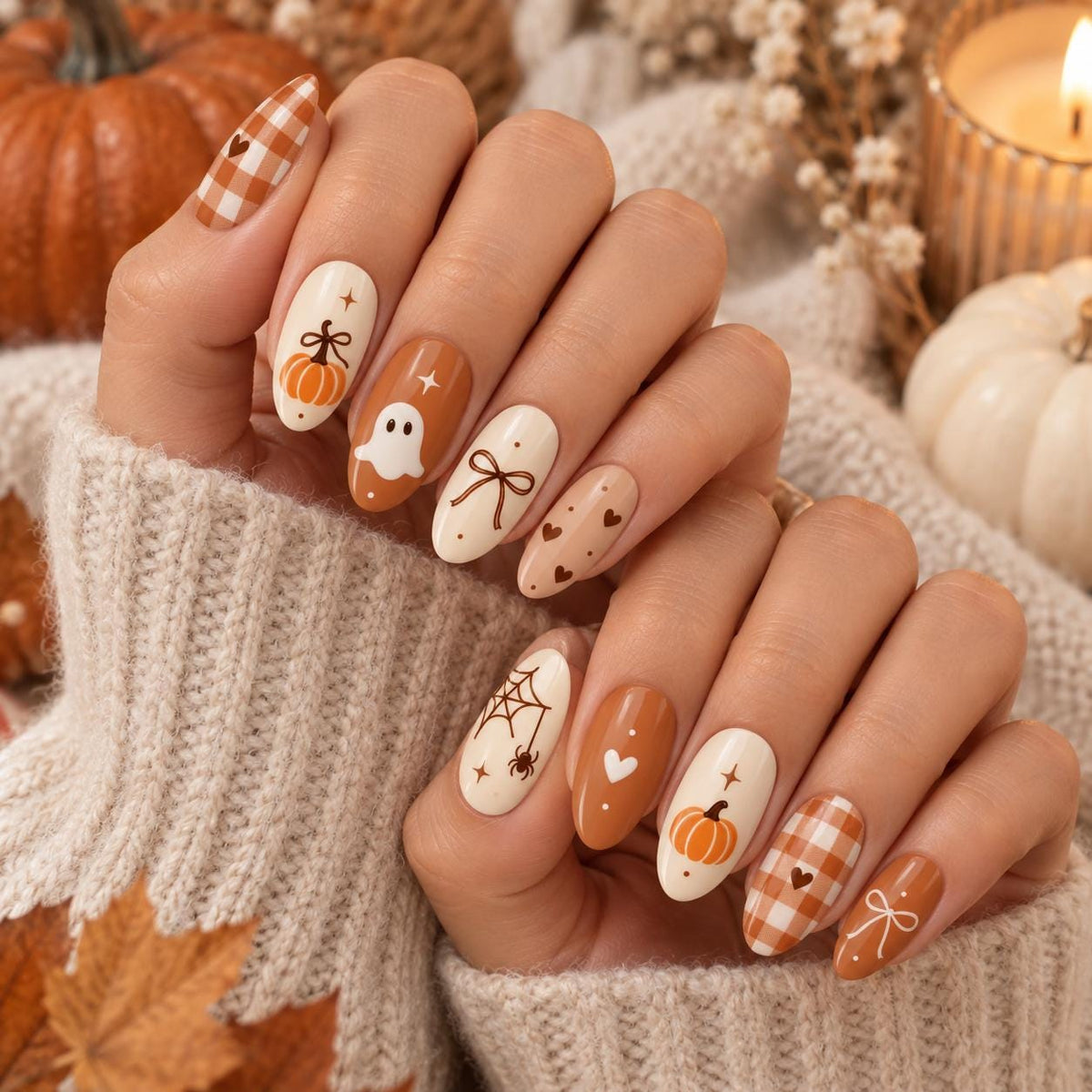 Terracotta and Cream Halloween Nails With Ghosts, Pumpkins, Bows and Gingham