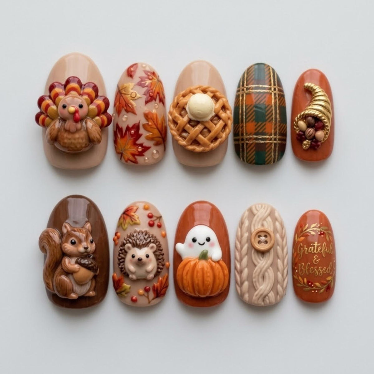 Thanksgiving 3D Fall Nail Set with Turkey, Pumpkin, Plaid & Woodland Details