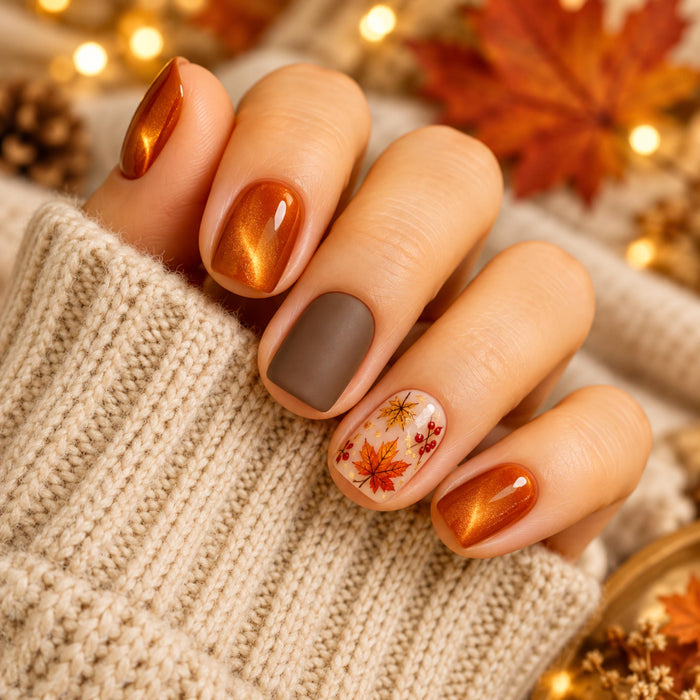 Thanksgiving Amber Orange Cat Eye Press On Nails With Matte Brown and Autumn Leaf Art