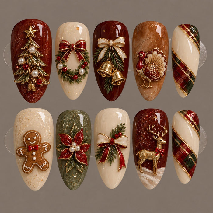 Thanksgiving and Christmas Press On Nails with 3D Holiday Motifs and Plaid