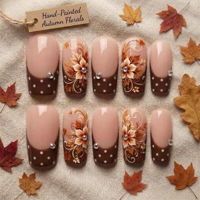Thanksgiving Autumn Floral Press On Nails with Brown French Tips, White Dots and Rhinestones