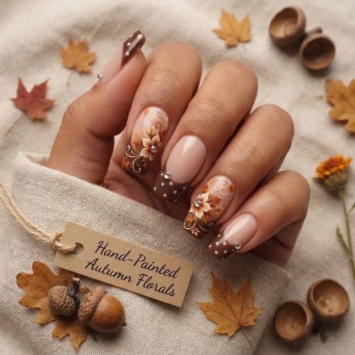 Thanksgiving Autumn Floral Press On Nails with Brown French Tips, White Dots and Rhinestones