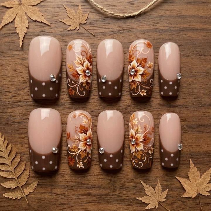 Thanksgiving Autumn Floral Press On Nails with Brown French Tips, White Dots and Rhinestones