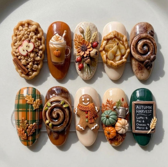 Thanksgiving Autumn Harvest 3D Bakery Press On Nail Set With Pies, Latte, Plaid and Pumpkins