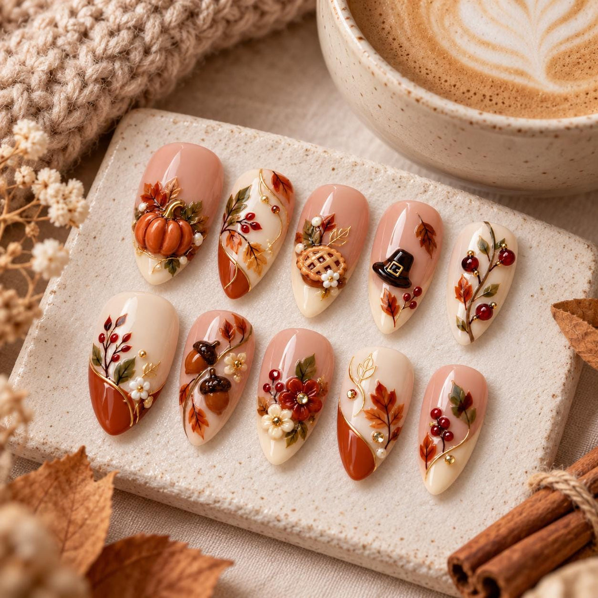 Thanksgiving Autumn Harvest 3D Pumpkin, Acorn, and Pie Press-On Nails