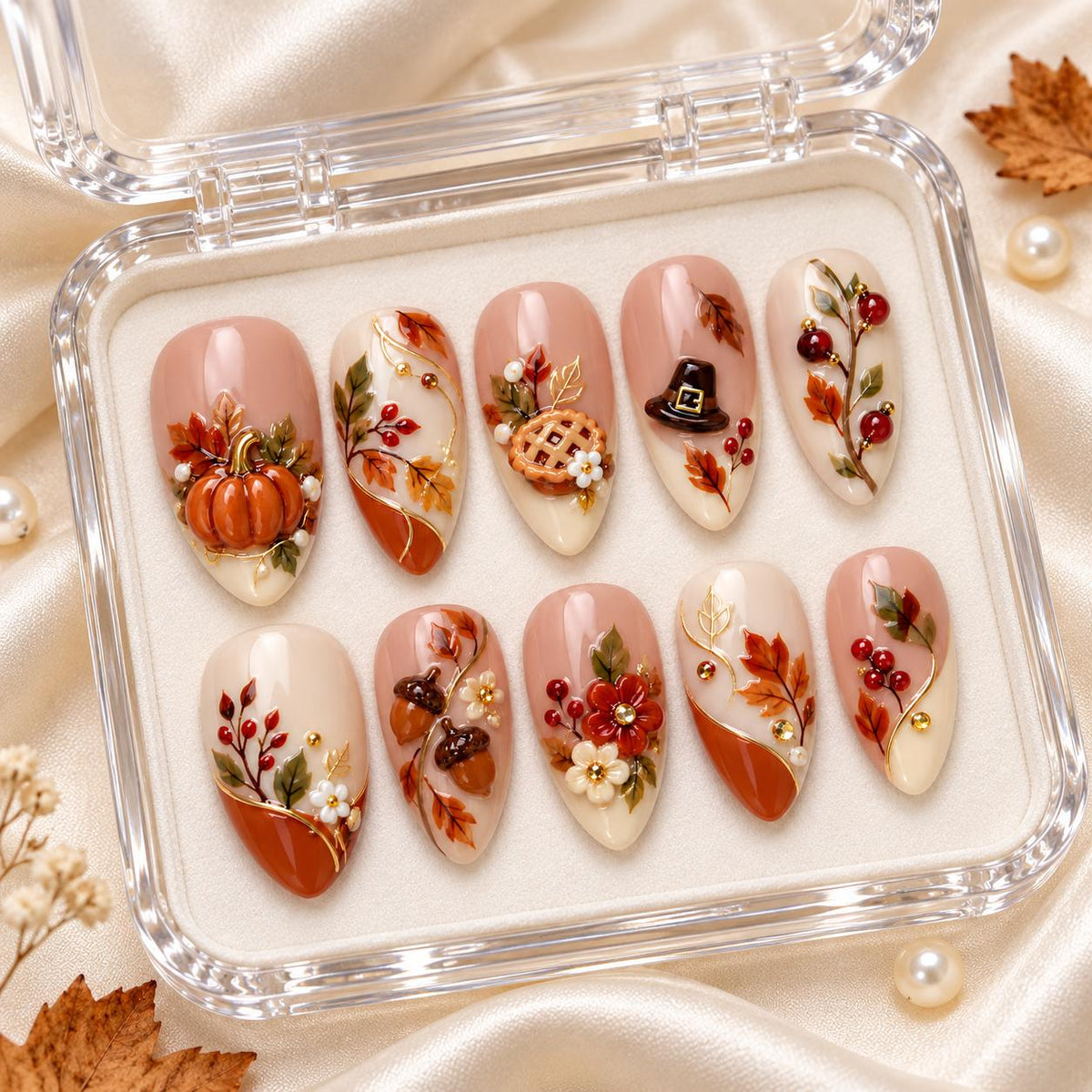 Thanksgiving Autumn Harvest 3D Pumpkin, Acorn, and Pie Press-On Nails