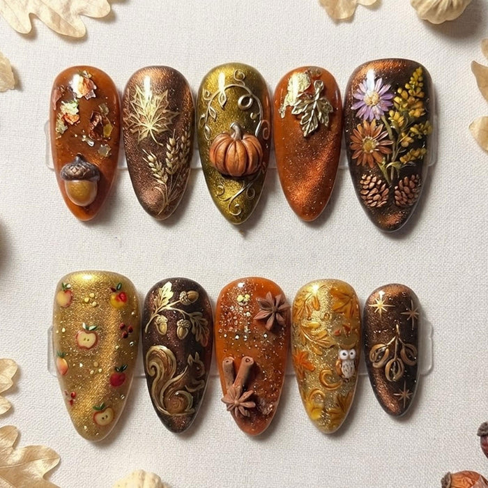 Thanksgiving Autumn Harvest Press On Nails with Pumpkins, Leaves, Acorns, and Gold Scrollwork