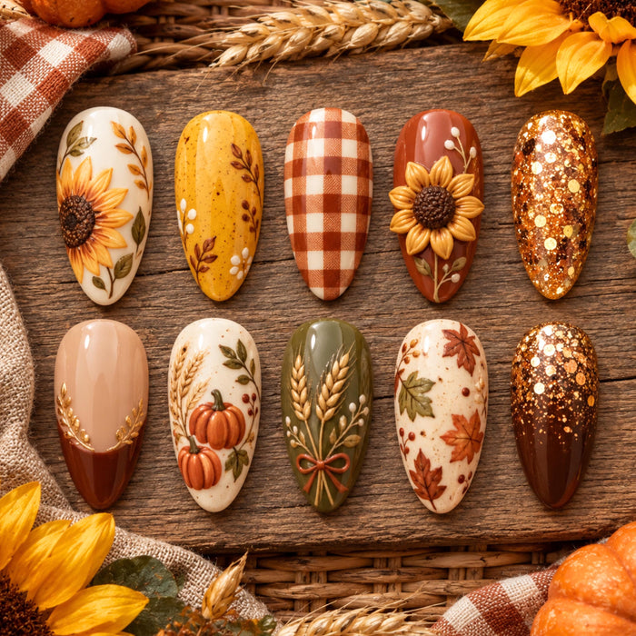 Thanksgiving Autumn Harvest Press On Nails With Sunflowers, Pumpkins, Gingham Plaid, and Gold Glitter