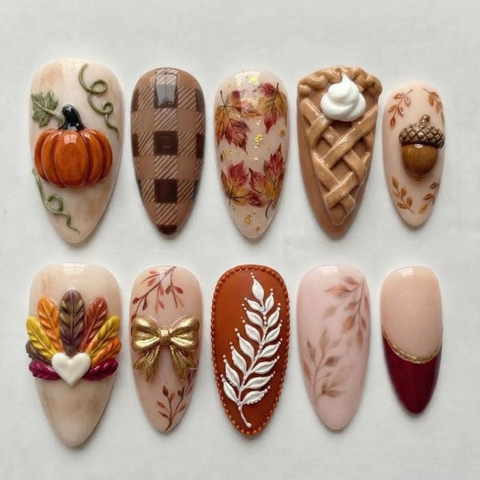 Thanksgiving Autumn Harvest Press On Nails With Pumpkin, Plaid, Leaves and Pie Details