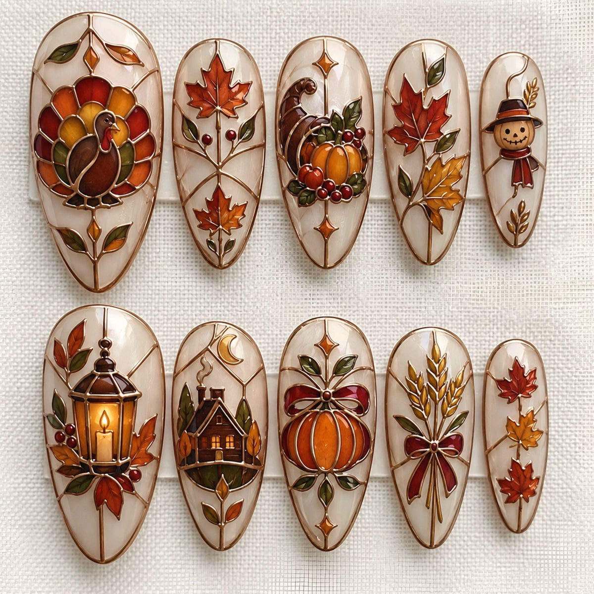 Thanksgiving Autumn Harvest Stained Glass Press On Nails With Pumpkins, Maple Leaves and Fall Motifs