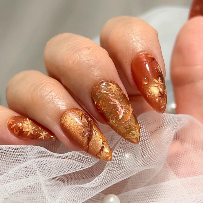 Thanksgiving Autumn Koi Fish and Maple Leaf Cat Eye Press-On Nails