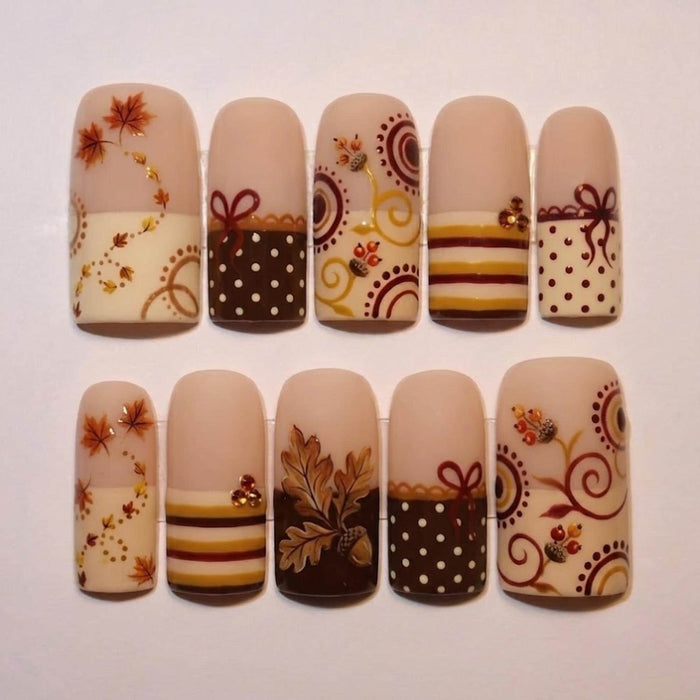 Thanksgiving Autumn Leaf and Acorn Press On Nail Set with Bows, Polka Dots, and Striped Tips