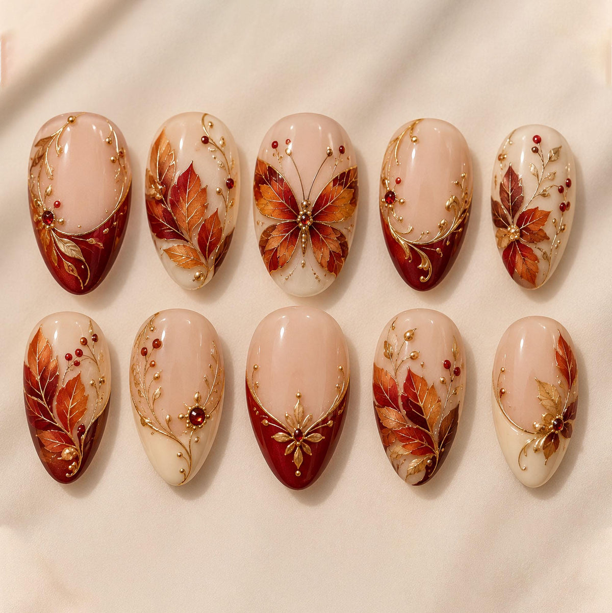 Thanksgiving Autumn Leaf Nail Set With Burgundy, Ivory and Gold Details