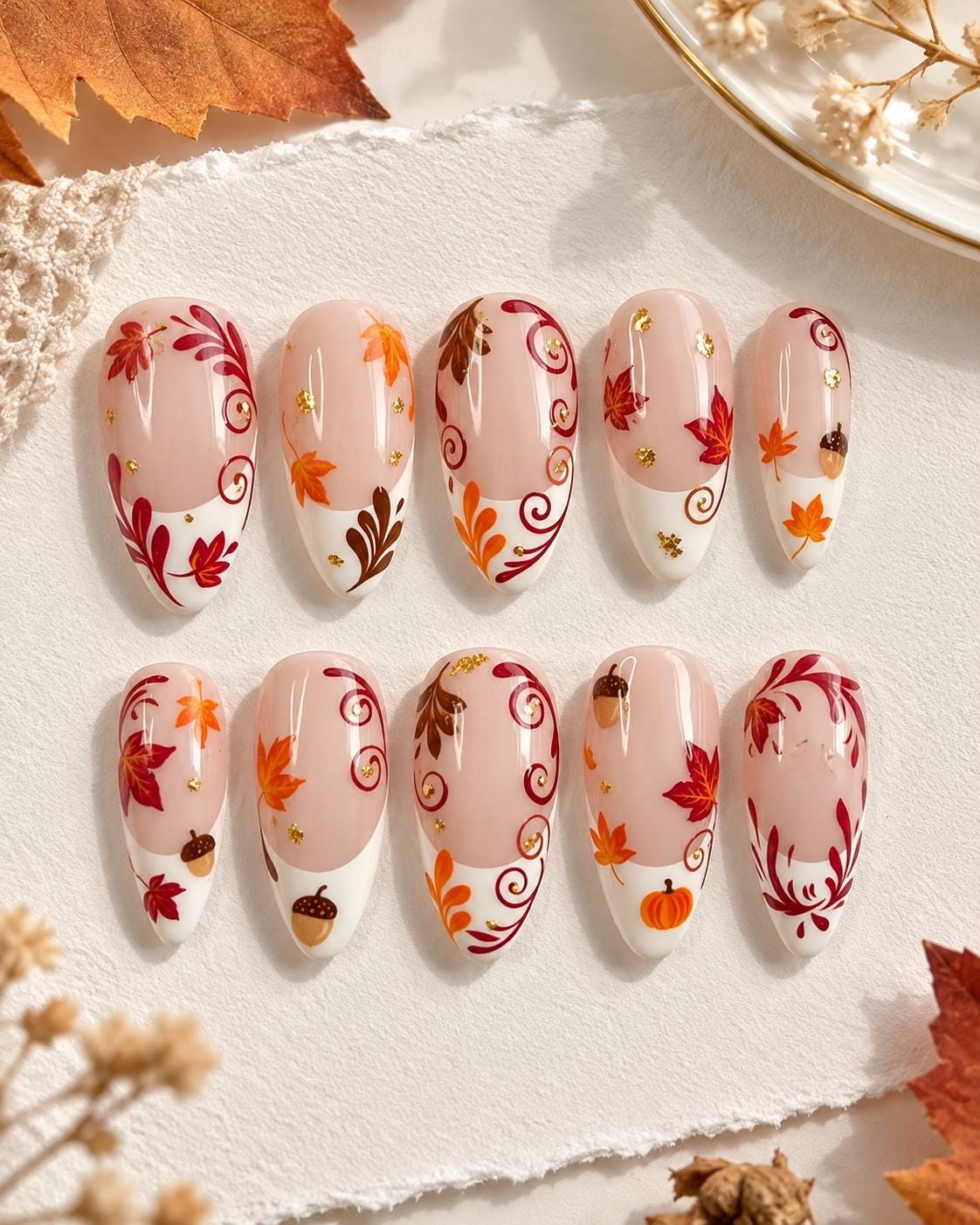 Thanksgiving Autumn Leaf, Pumpkin and Acorn Nail Set