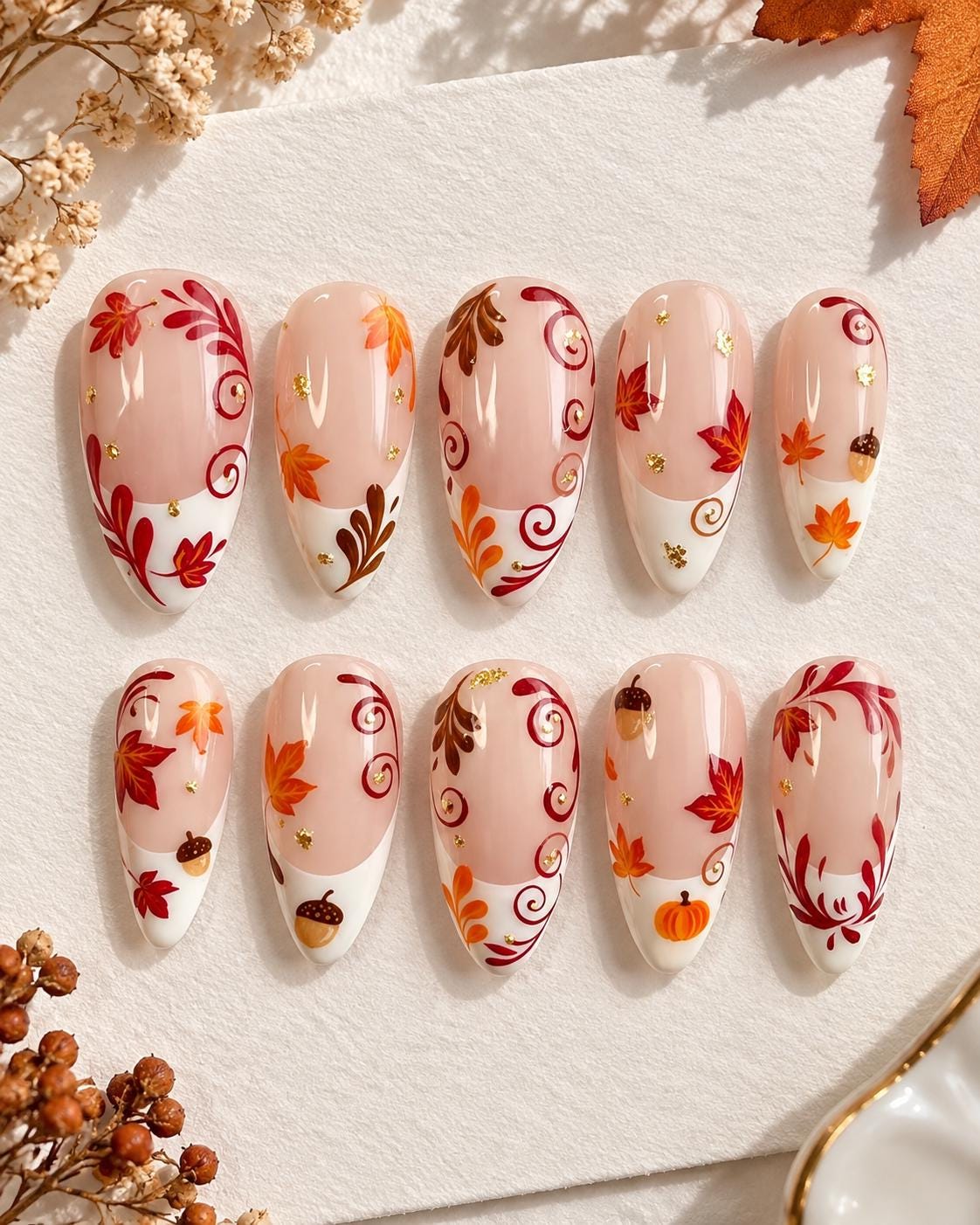 Thanksgiving Autumn Leaf, Pumpkin and Acorn Nail Set