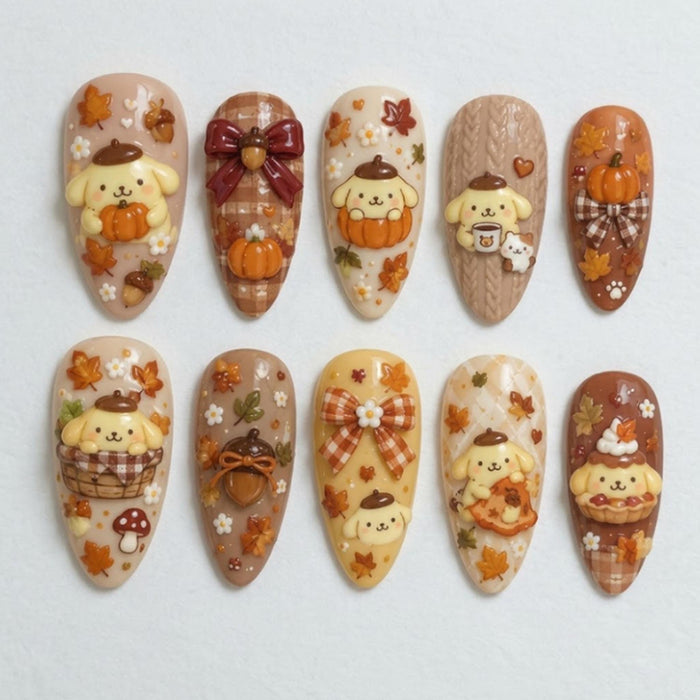 Thanksgiving Autumn Plaid Press On Nails With 3D Pumpkin, Acorn, and Puppy Details
