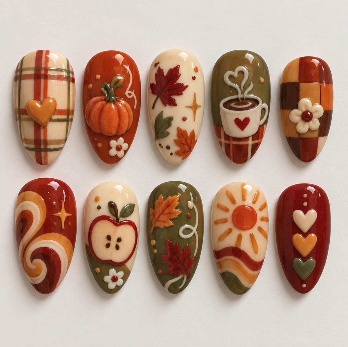 Thanksgiving Autumn Pumpkin, Coffee, Plaid & Leaf Nail Set