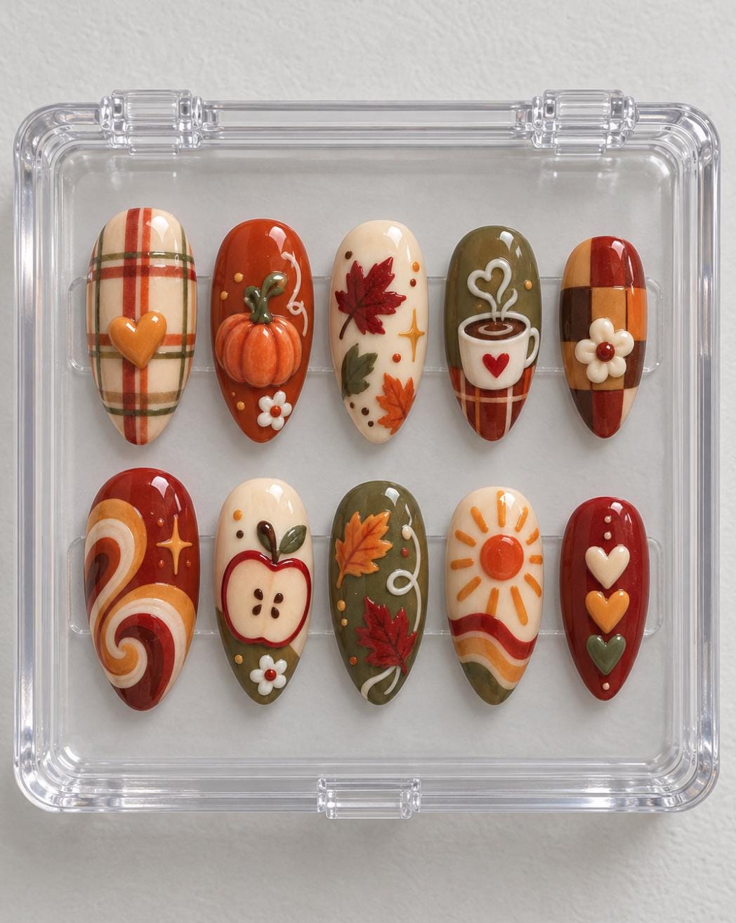 Thanksgiving Autumn Pumpkin, Coffee, Plaid & Leaf Nail Set